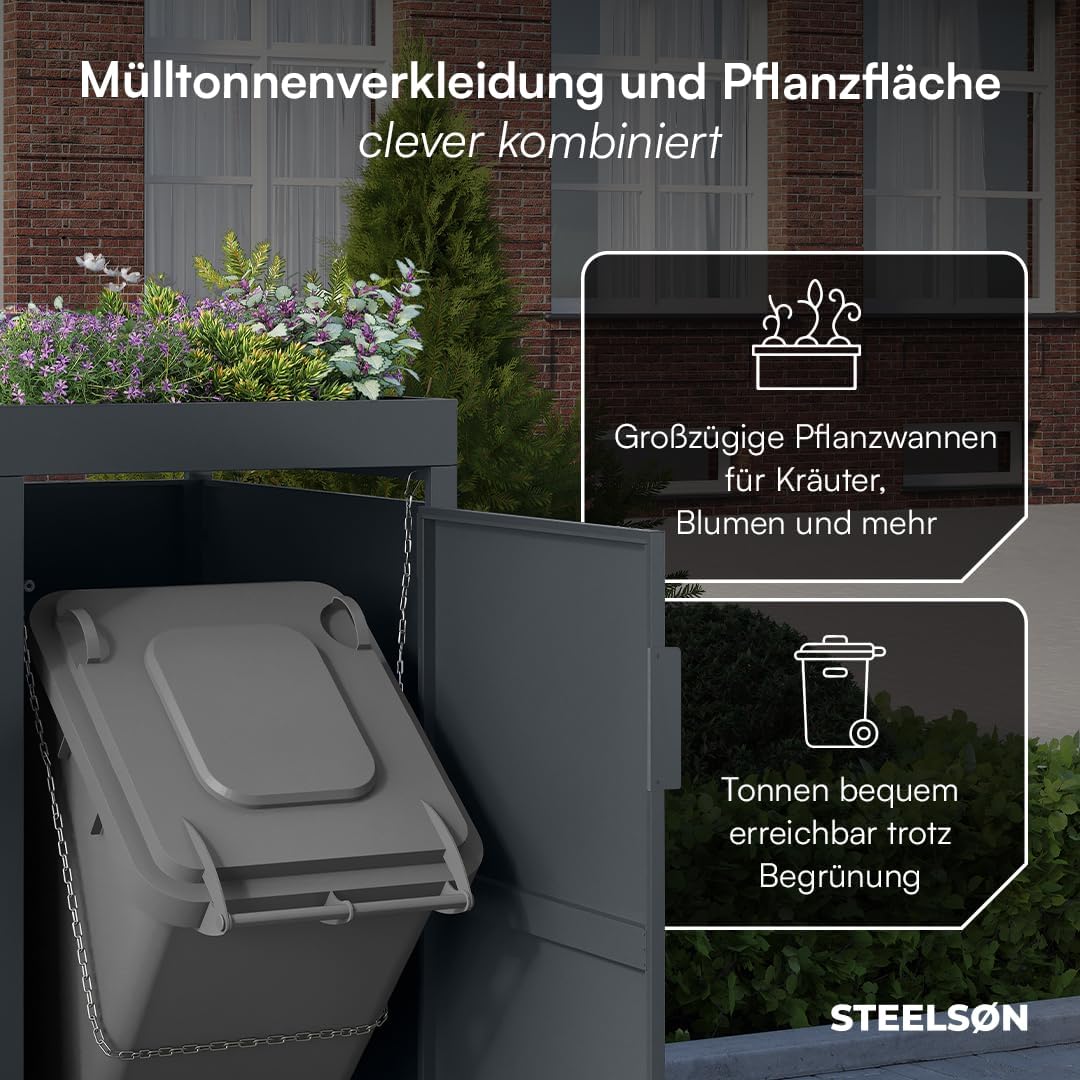 STEELSØN Thoria Mülltonnenbox 4er bis 240L mit Pflanzendach – Mülltonnenverkleidung aus Stahl für 4 Tonnen – Müllcontainer in Anthrazit – Müllbox mit Pflanzenkasten – Gerätebox 125x80x268 cm (HxTxB)
