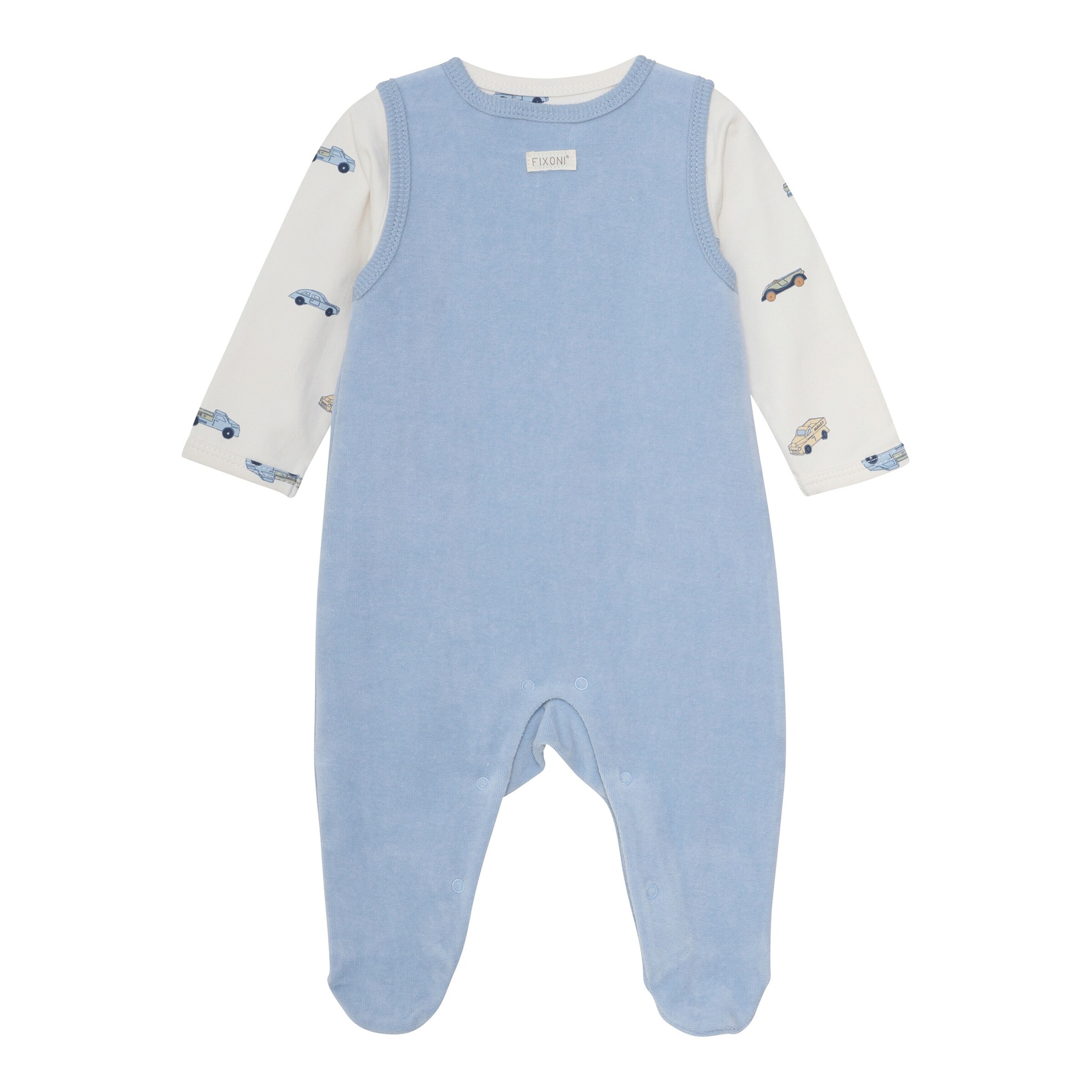 Fixoni Nicki-Strampler-Set Autos natur/hellblau/bunt