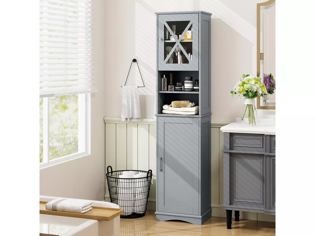 Armoire de Salle de Bain de 170 cm de Hauteur, Meuble de Rangement, Colonne, 5 Étagères Réglables, Placards à Porte, 2 Compartiments, Gain de Place, 30 x 40 x 170 cm, Gris