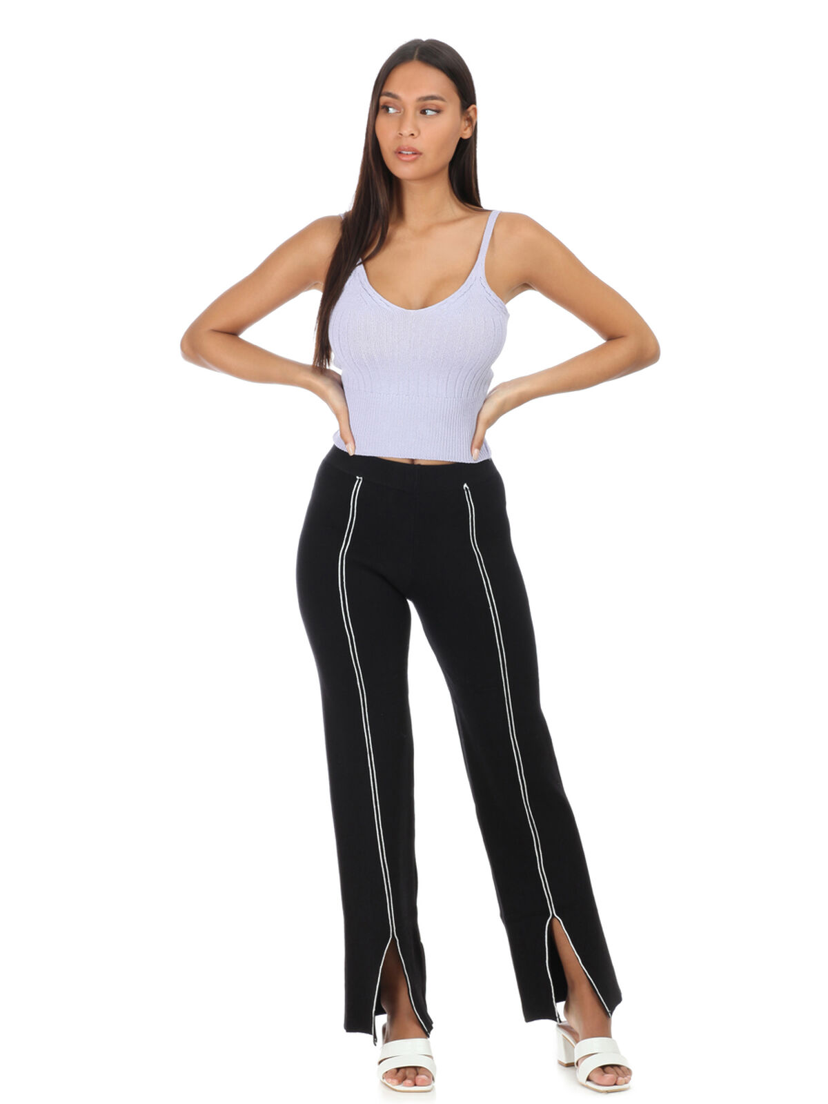 Pantalon en maille avec fentes et lignes- Noir