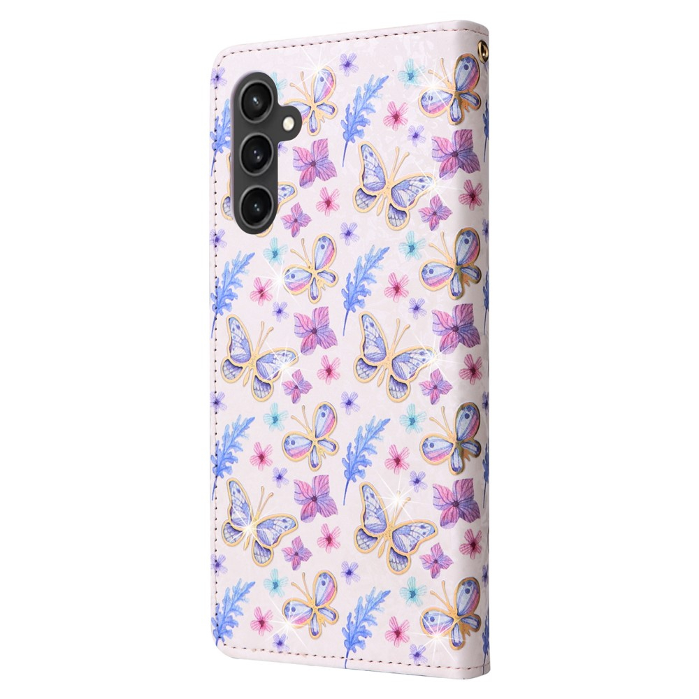 Samsung Galaxy S23 FE Leder Tasche mit Kartenfächer - Glitzer Blumen & Schmetterlinge