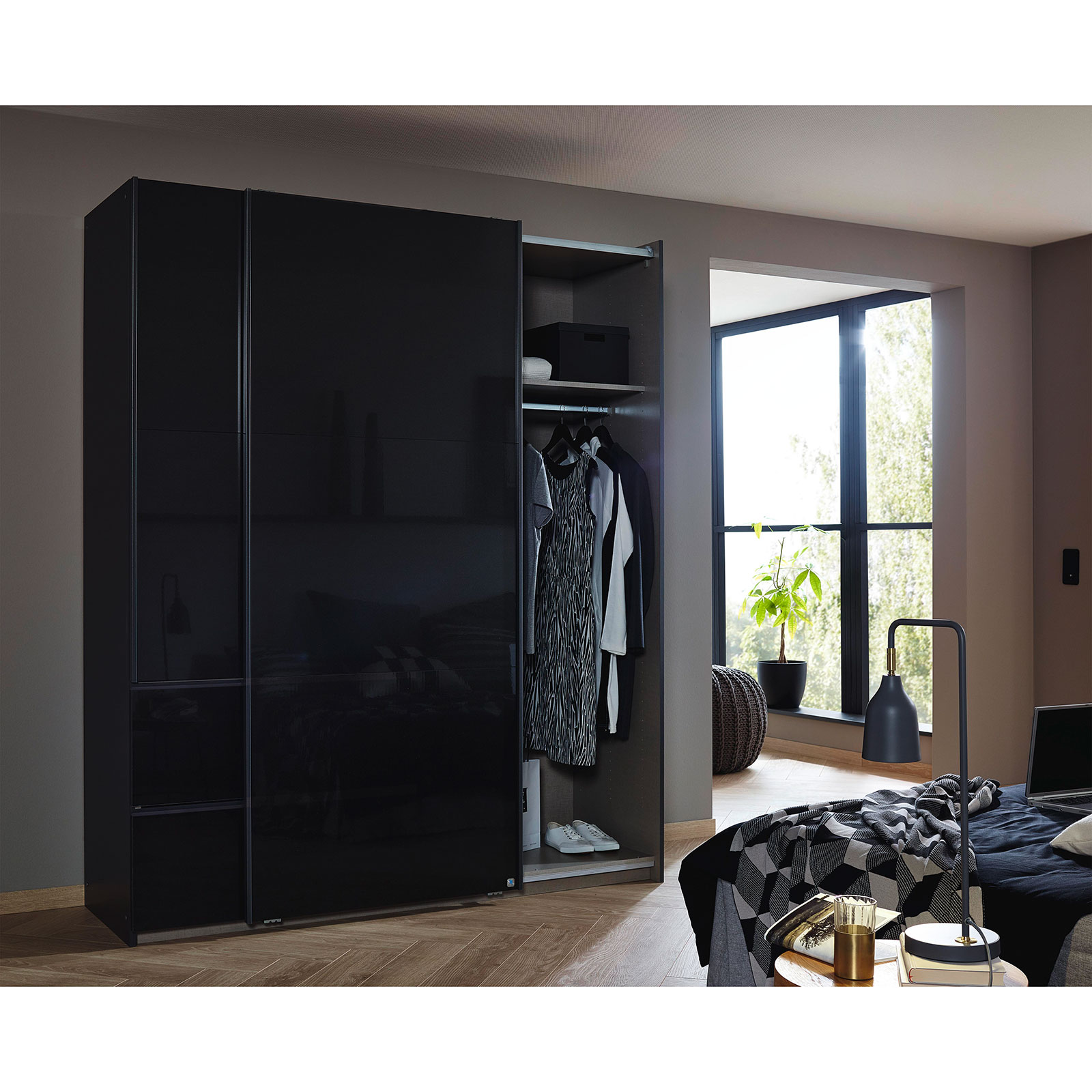 Schwebetürenschrank - effektgrau- Hochglanz - 175 cm breit