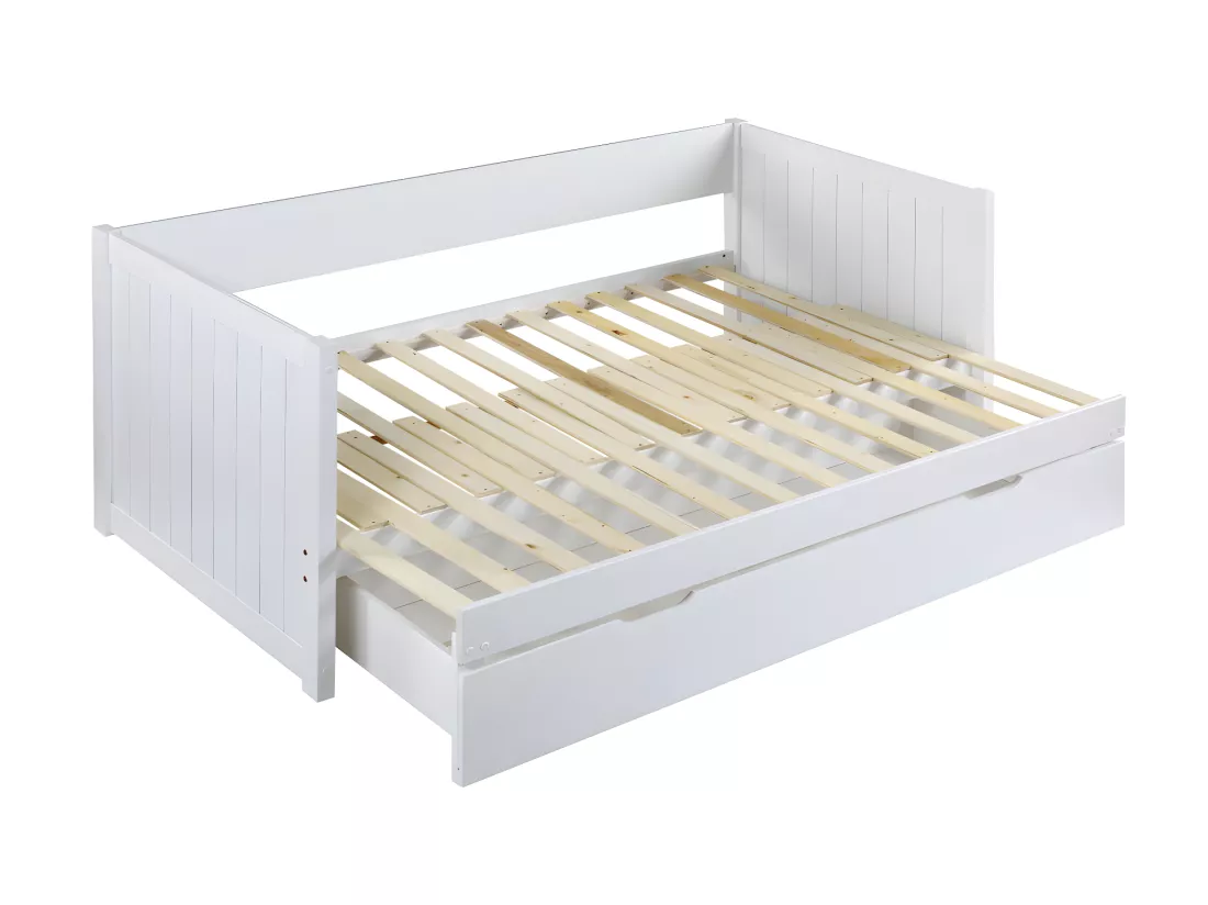 Lit gigogne banquette 90 x 190 ou 174 x 190 cm - Avec sommier peigne et tiroir - Pin et MDF - Blanc + matelas - ALFIERO II