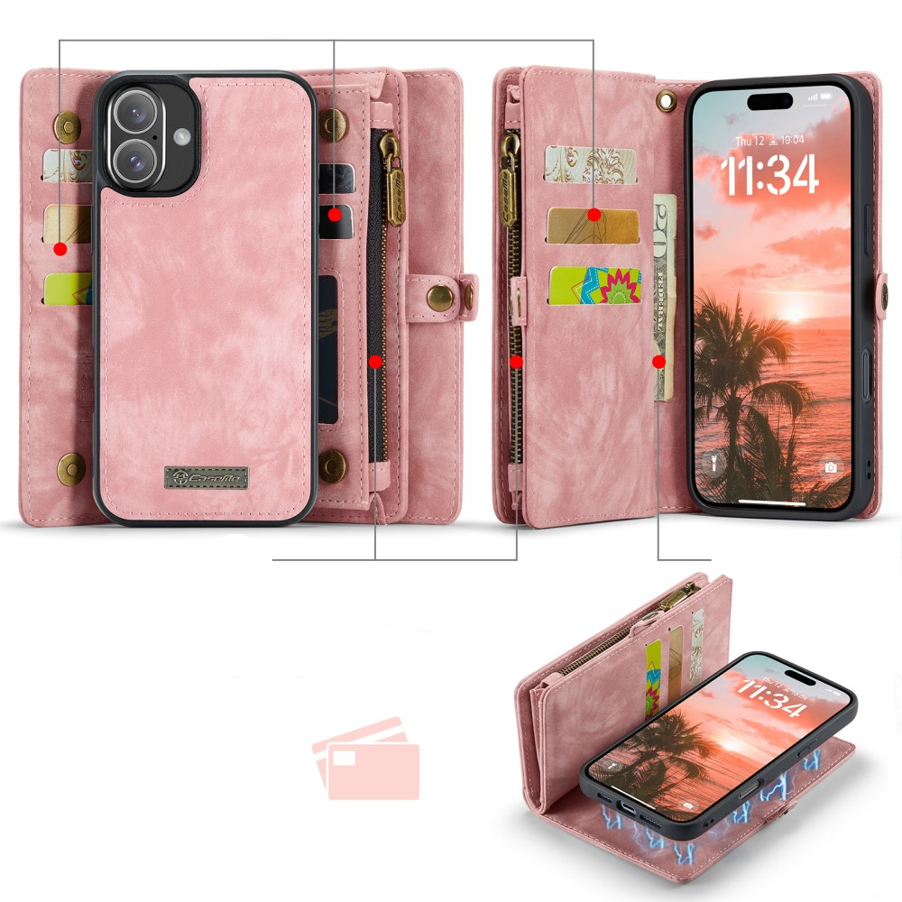 iPhone 16 2in1 Leder Tasche   Magnet Hardcase Karten Etui - Rosa