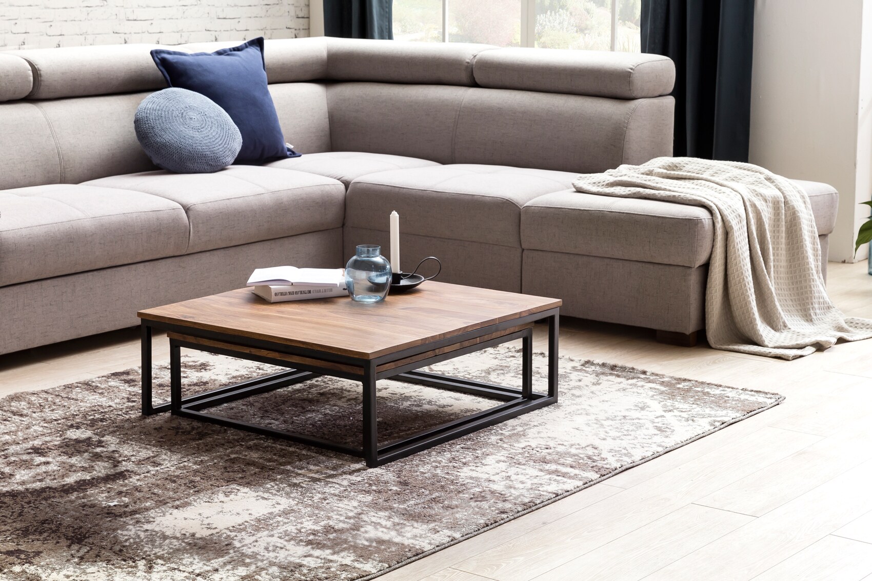 Couchtisch 2 teilig Massivholz Wohnzimmertisch Sheesham Lounge Tisch 75 x 75 cm