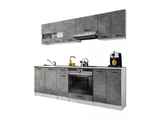 Cuisine Bigo 8 éléments - finition bas BETON haut BETON 240 cm