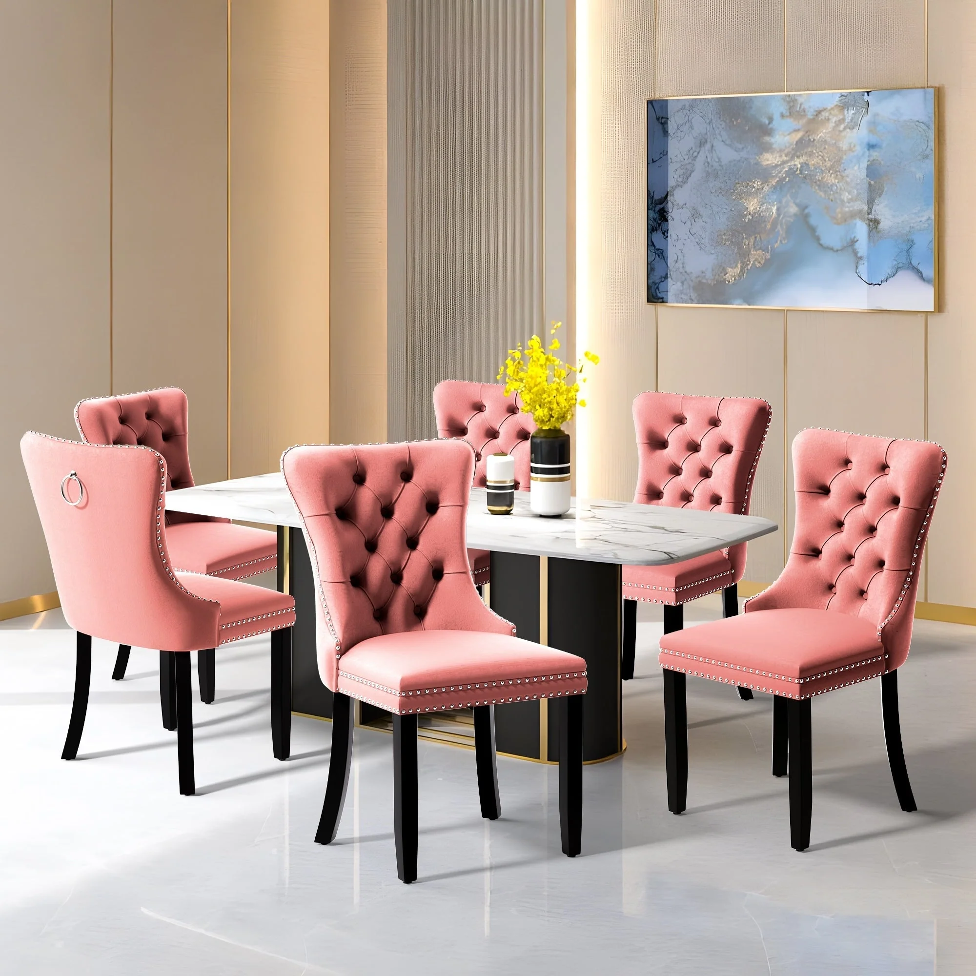 Upholstered Tufted Velvet Dining Chair with Solid Wood Legs Set of 6