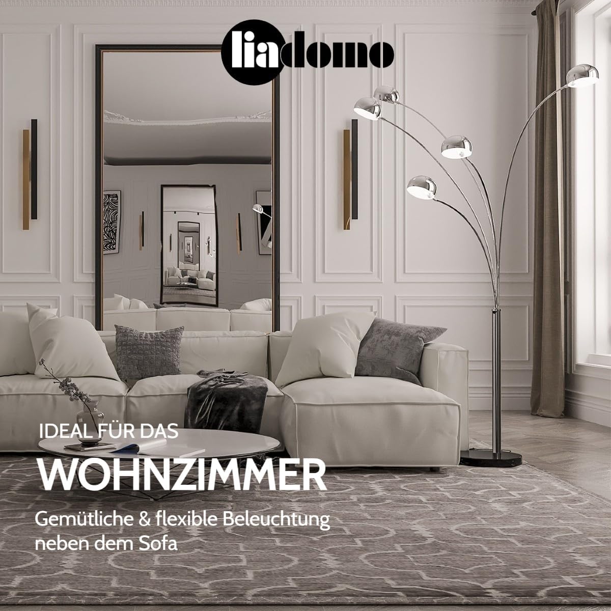 Stehleuchte Penta – 5-flammig – edler Marmorfuß – verstellbare Leuchtenarme – für Wohnzimmer – E14 (Chrom)
