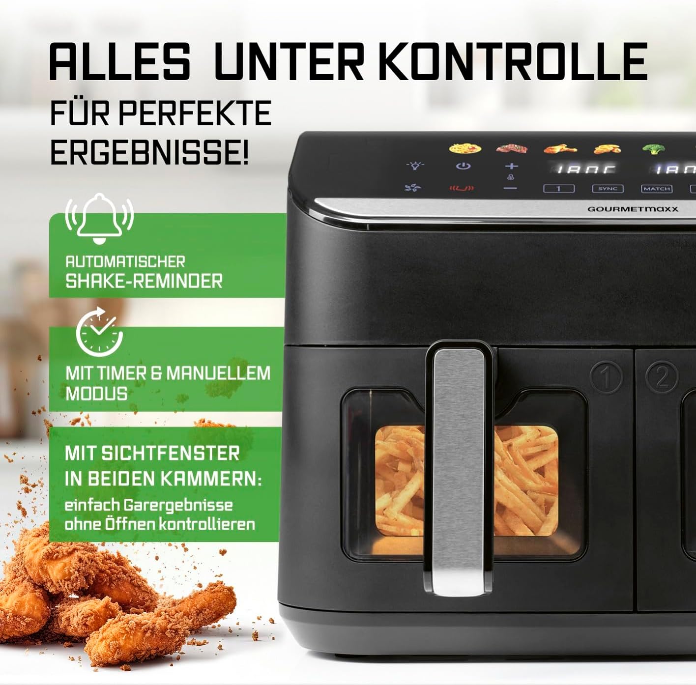 GOURMETmaxx AirGenius Heißluftfritteuse, 9 L - 2 x 4,5 L Airfryer | Fritteuse mit 8 Programmen | Heißluftfritteuse 2 Kammern - 2 Speisen gleichzeitig, für max. 8 Personen | Multi-Color Touchscreen