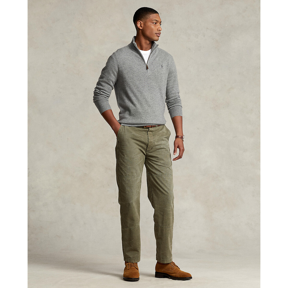 POLO RALPH LAUREN<br>Suéter de lã, meio zíper, bordado Pony Player
