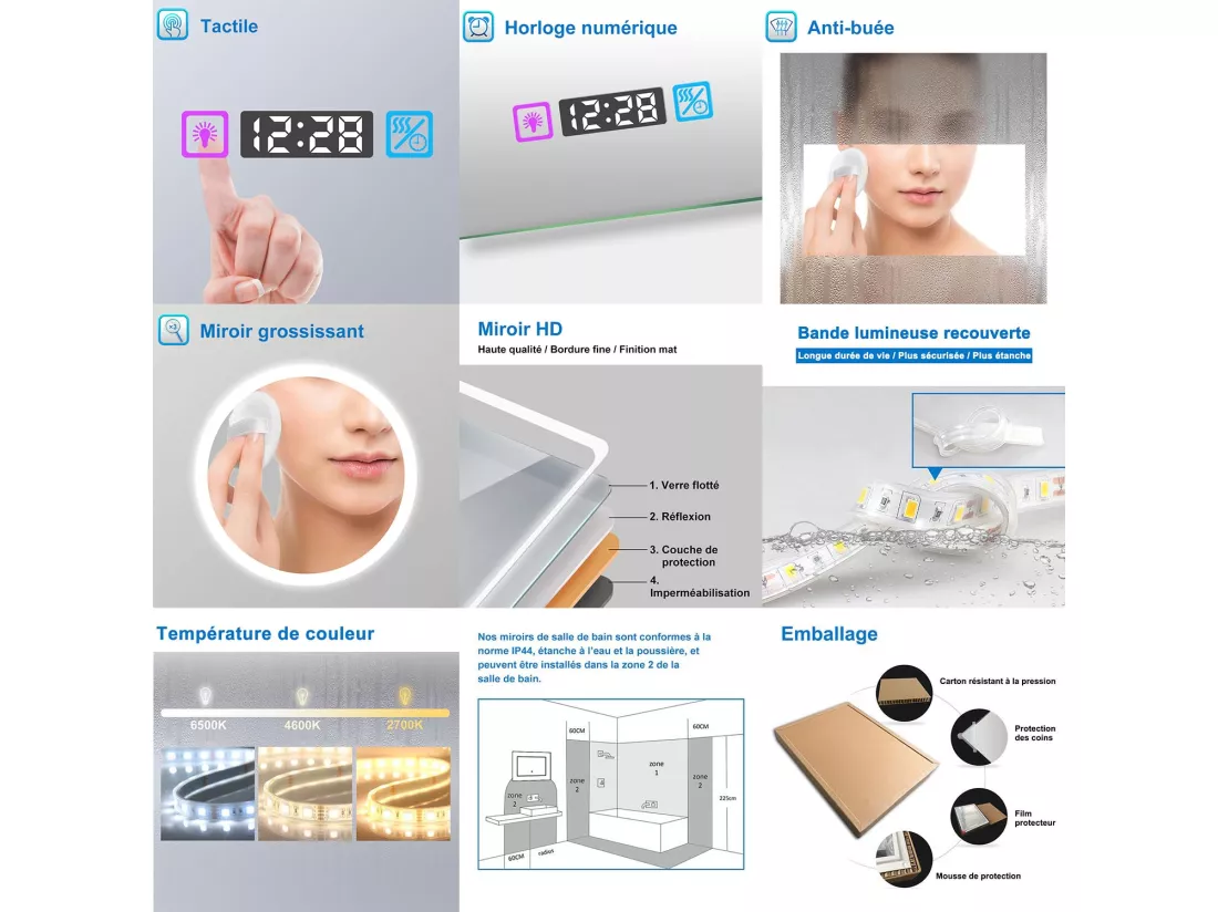 Miroir salle de bain 120x70cm LED réglable+antibuée+Bluetooth+Horloge+grossissant Aica