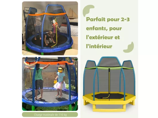 Trampoline Extérieur Ø 223cm Enfants avec Filet de Sécurité, 36 Ressorts Protégés Structure Acier Galvanisé Tapis de Saut PP Jaune