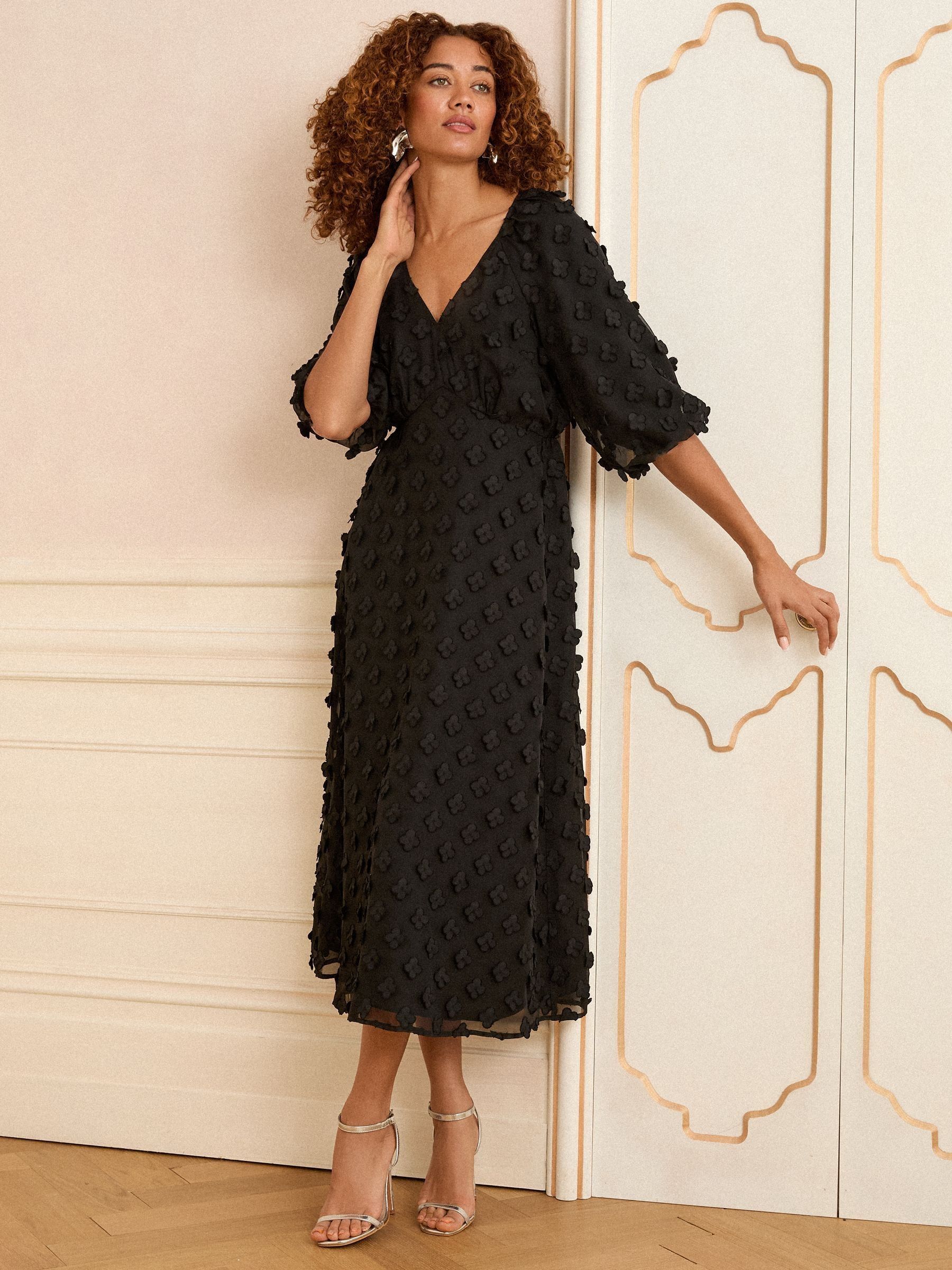 Zwart - Love & Roses 3D Bloemen V-hals midi-jurk met pofmouwen