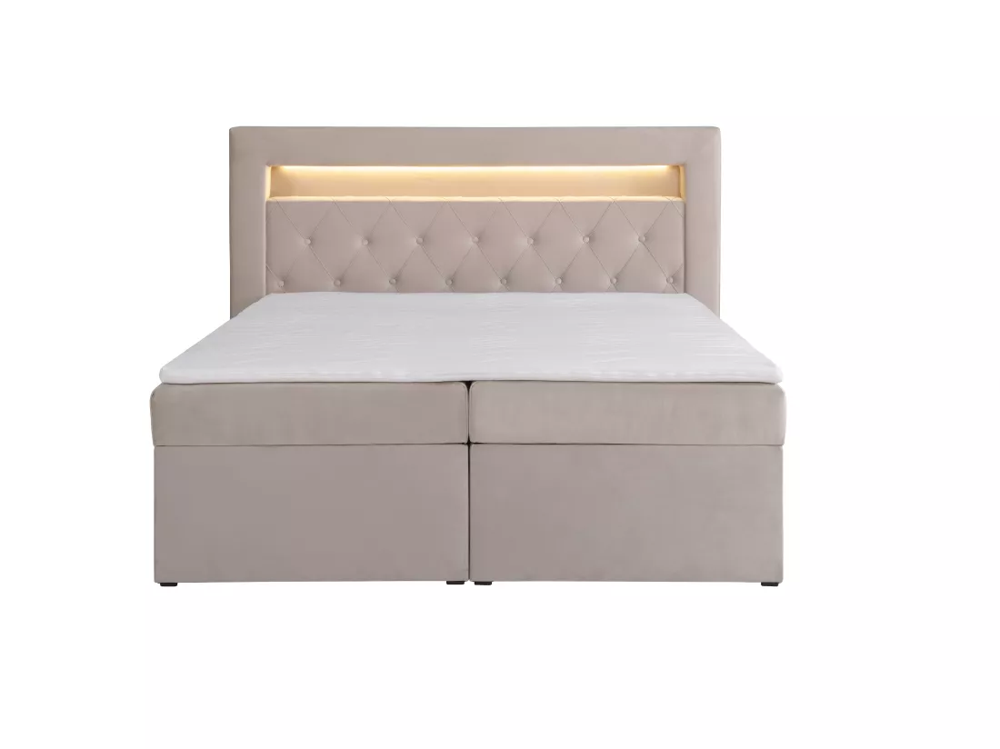 Ensemble complet literie déco tête de lit avec led + sommiers coffre + matelas + surmatelas - 180 x 200 cm - Velours - Beige - ORANA de YSMÉE