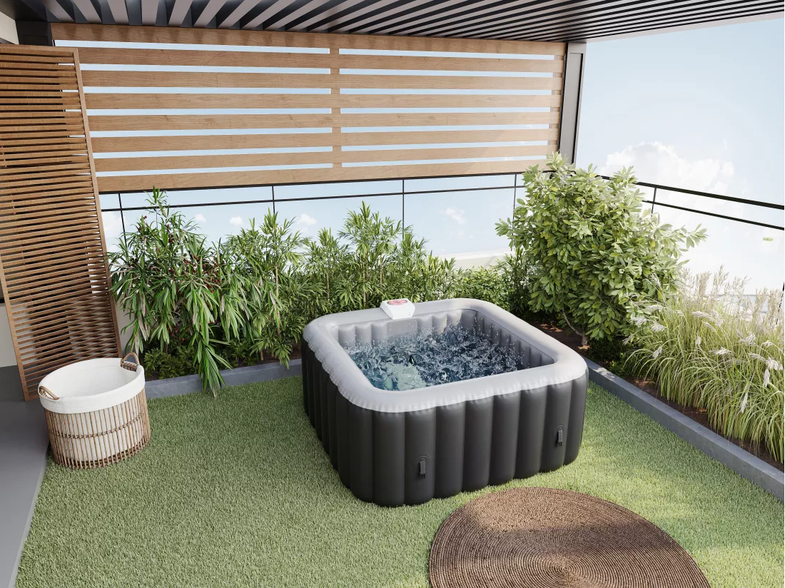 Spa gonflable carré 4 places - L154 x P154 x H65 cm - 120 buses d'air - Noir et gris - B-COSY II