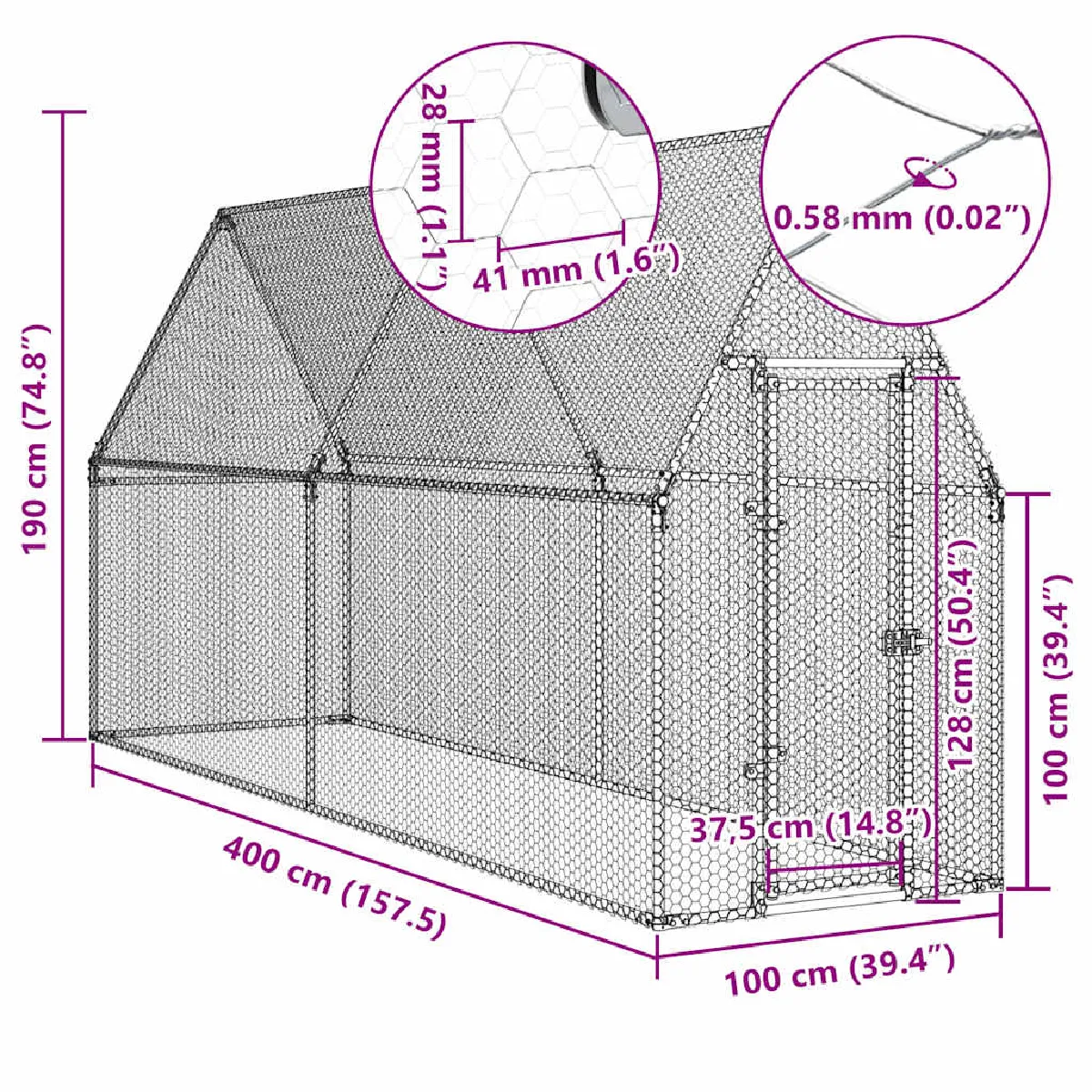 vidaXL Cage poules 400x100x190 cm argentée