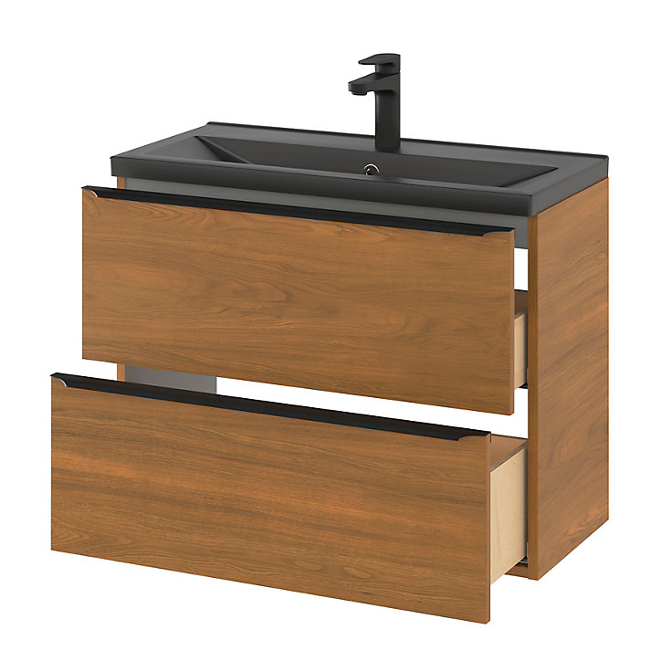 Ensemble salle de bains l.80 cm meuble à suspendre faible profondeur Imandra décor noyer + plan vasque céramique noir