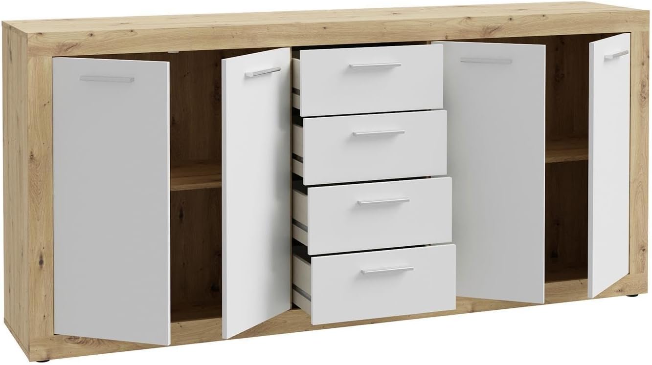 Forte BACCIO Kommode 200, modernes Sideboard mit 4 Schubladen und Türen, Holzwerkstoff, Artisan Eiche Holzdekor | Weiß, 197,1 cm breit x 91,9 cm hoch x 41 cm tief
