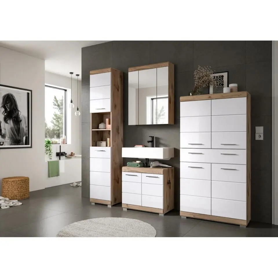 Hioshop Wave kolomkast 2 deuren- 2 planken wit hoogglans- eiken decor