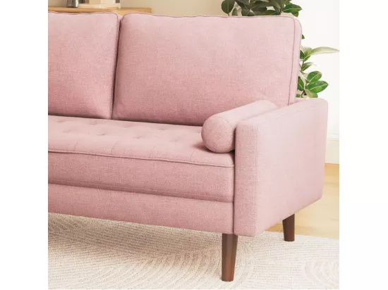 Canapé 3 places en tissu Lin rose - Scandinave - avec 2 Oreillers et Accoudoirs - Pieds bois massif - 173x77x84cm