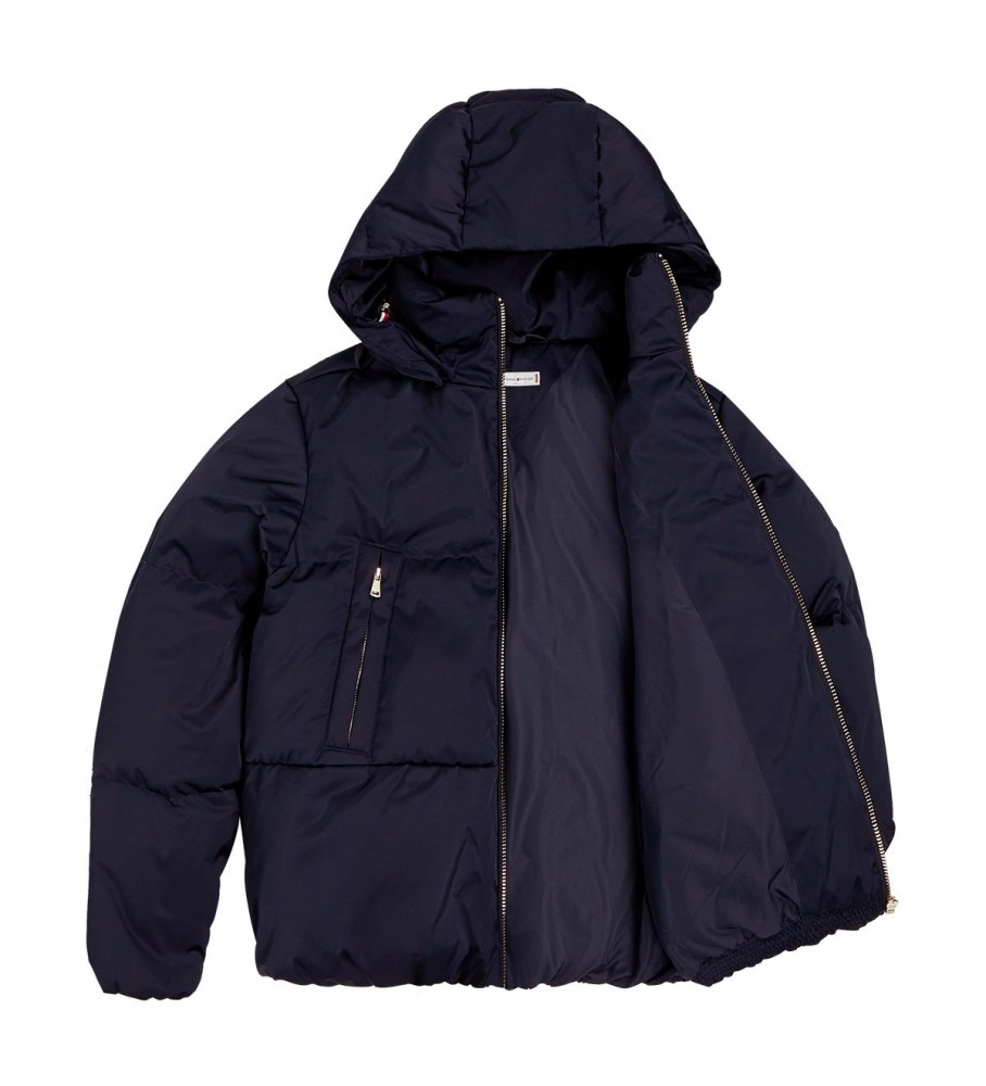 Casaco com capuz Tommy Hilfiger Plumn Sateen Down, azul marinho