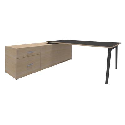 Bureau STEELY Manager - L180 x P100 x H72,5 cm - console retour à gauche (2 tiroirs) L200 x P60 x H72,5 cm - pieds carbone - plateau carbone