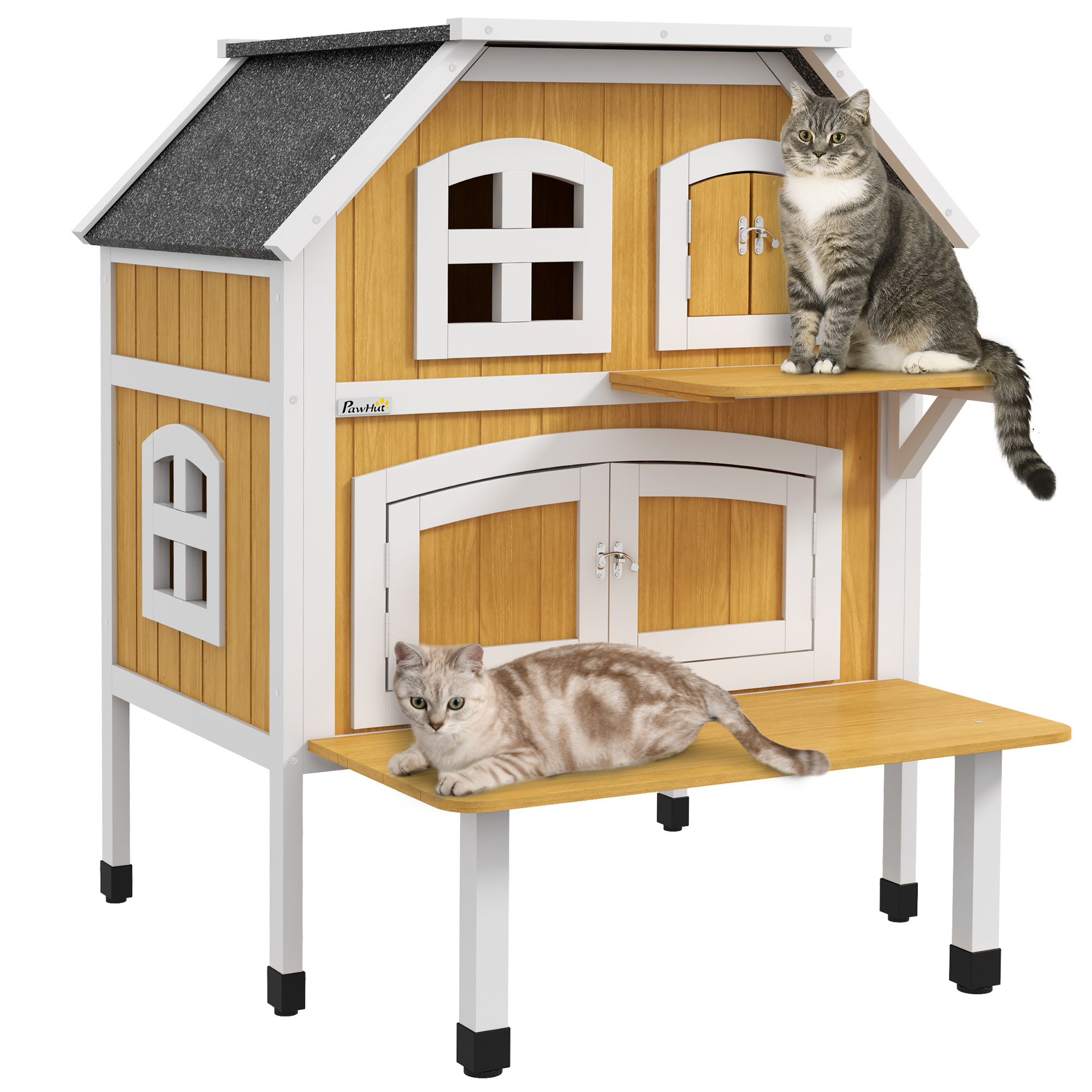 Casinha de madeira para gatos PawHut, 78x82x93 cm, com 2 níveis, terraço no telhado de asfalto e plataforma de salto natural.