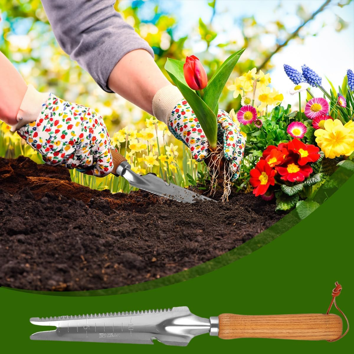 (34cm) 3in1 Edelstahl Hand Schaufel Garten Werkzeug Unkraut Stecher Wurzel Säge mit Holz Griff - Braun / Silber