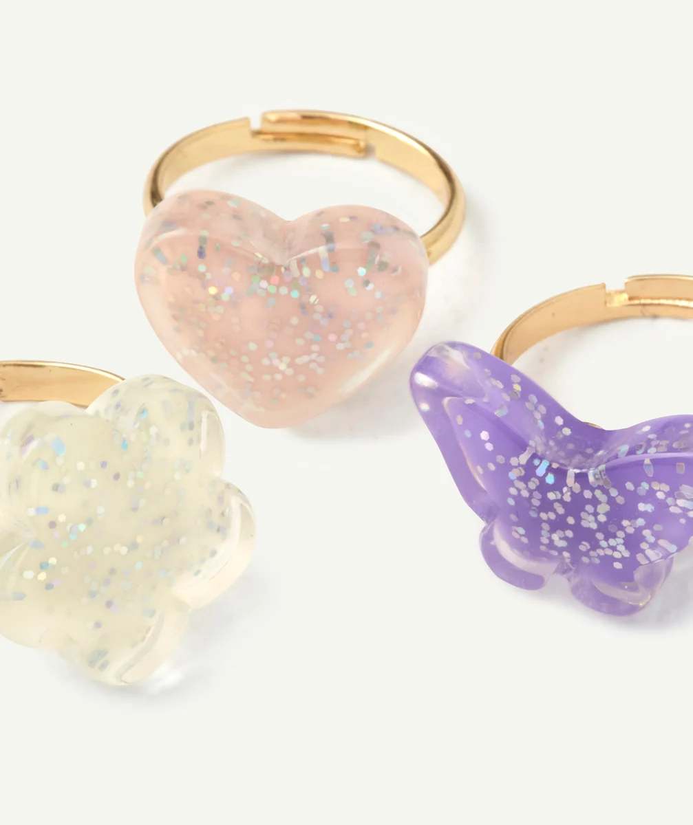 LOT DE 3 BAGUES FILLE AJUSTABLES AVEC FLEUR PAPILLON ET COEUR PAILLETÉS