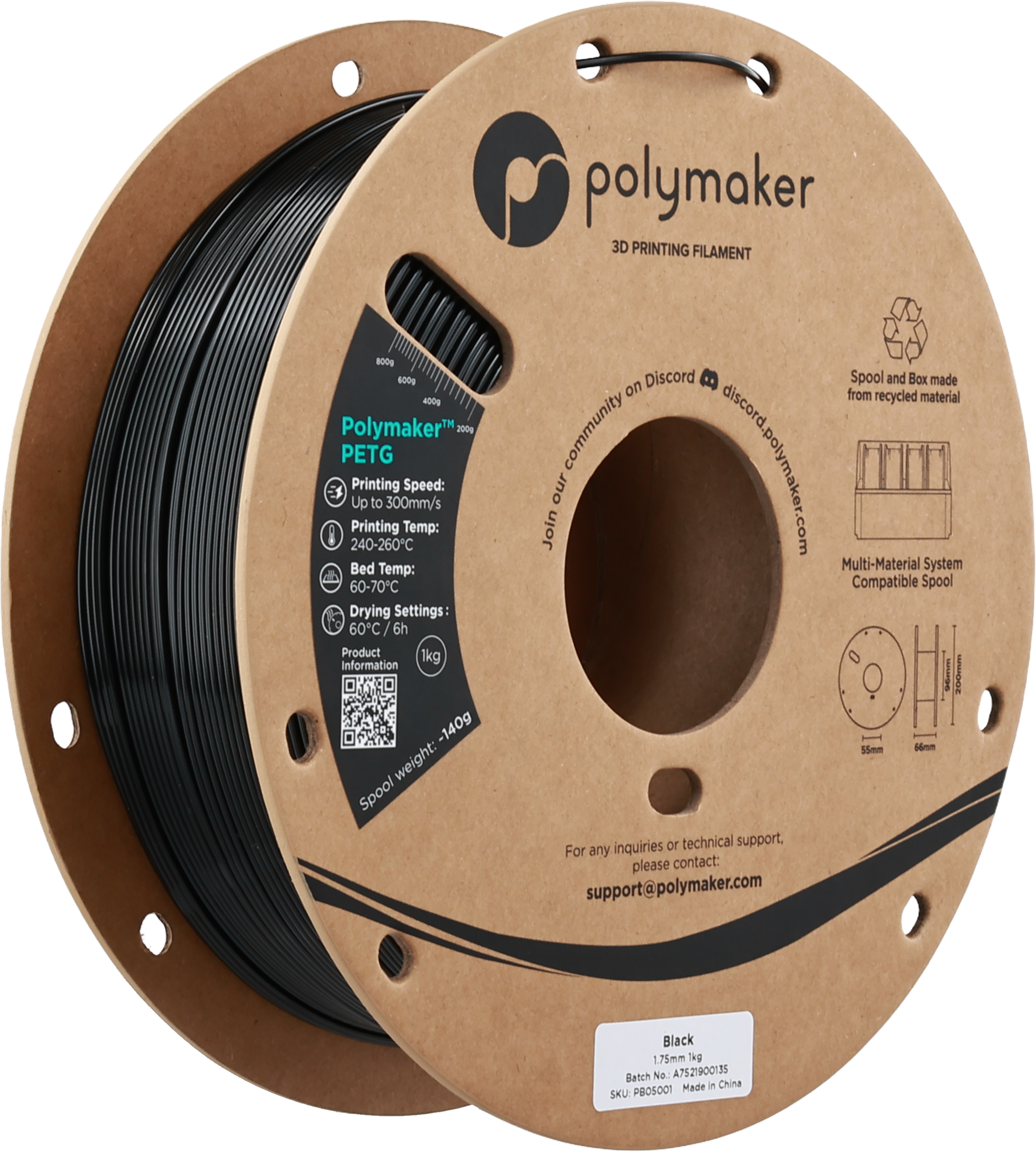 Polymaker  PETG Black, 1,75 mm / 1000 g    Robustes PETG optimiert für High Speed Druck in Black
