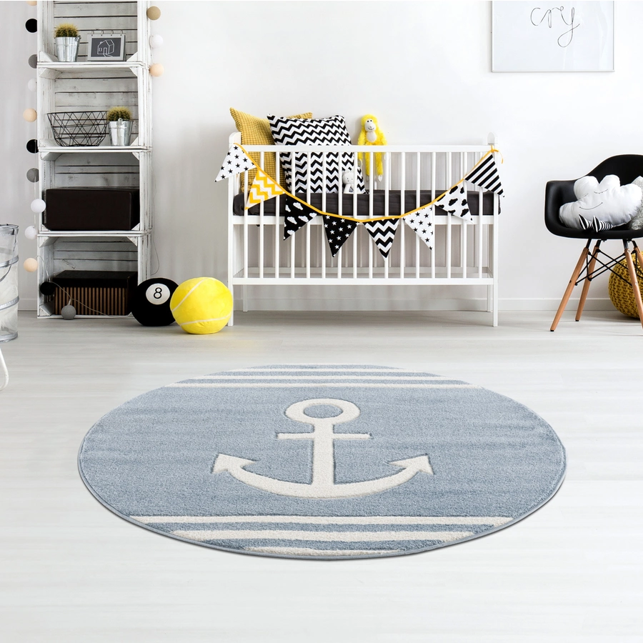 LIVONE Kinderteppich Kids love Rugs Anker Rund blauweiss