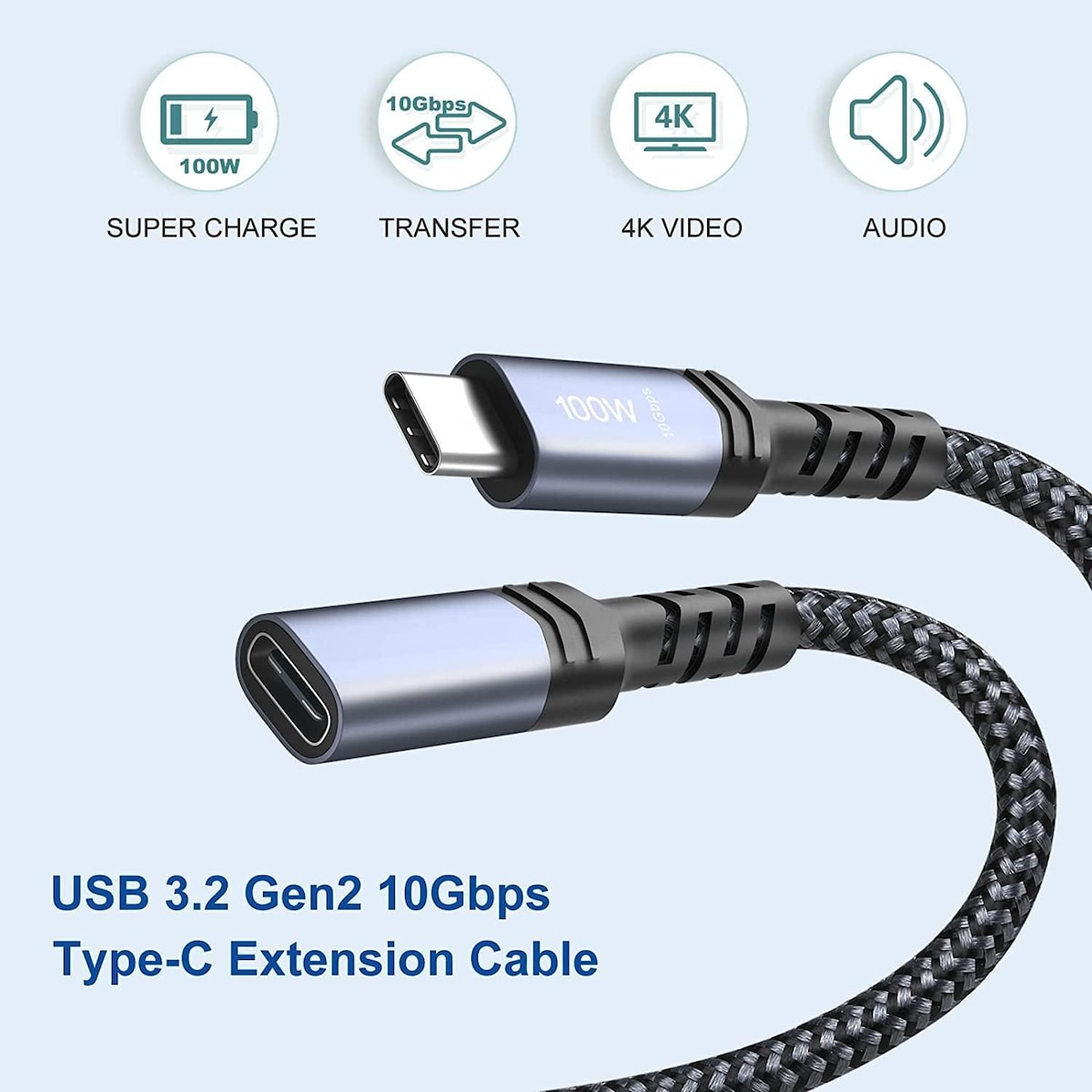 NÖRDIC 1m USB3.2 Gen2 USB-C Forlengelseskabel hann til hunn 10Gbps 5A 100W Thunderbolt3