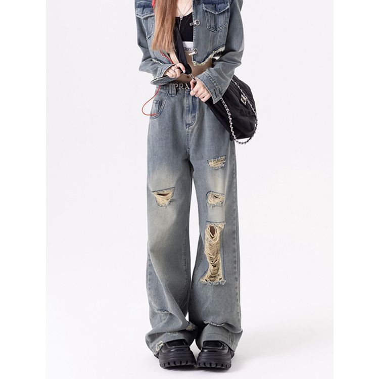 wingsira - Low Rise Washed Distressed Wide Leg Jeans / Drawstring Waist Plain Cropped Harem Pants