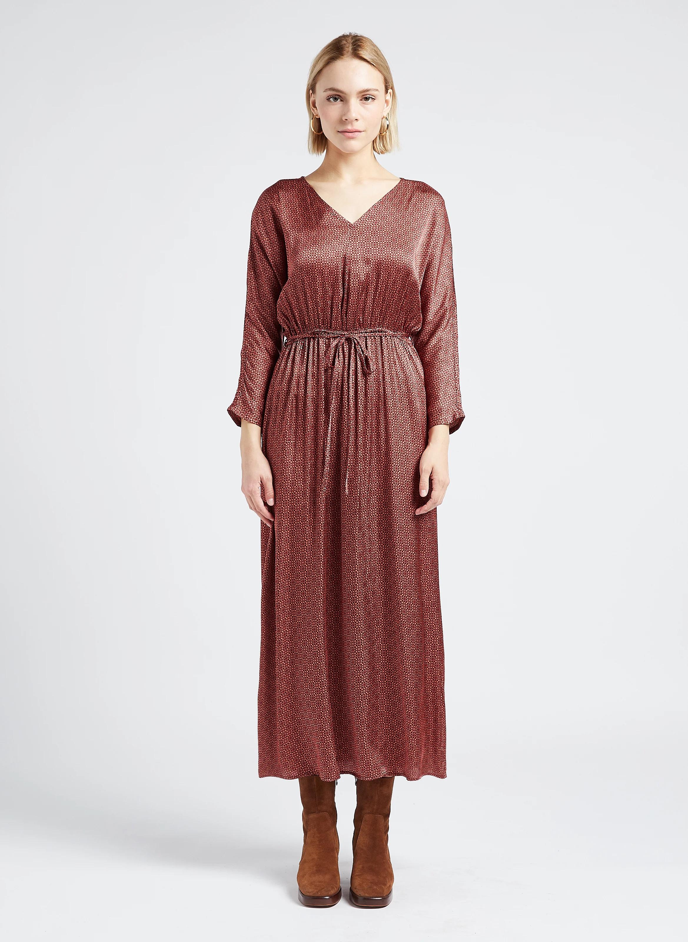 LUNA - Robe midi col V imprimée| Doré