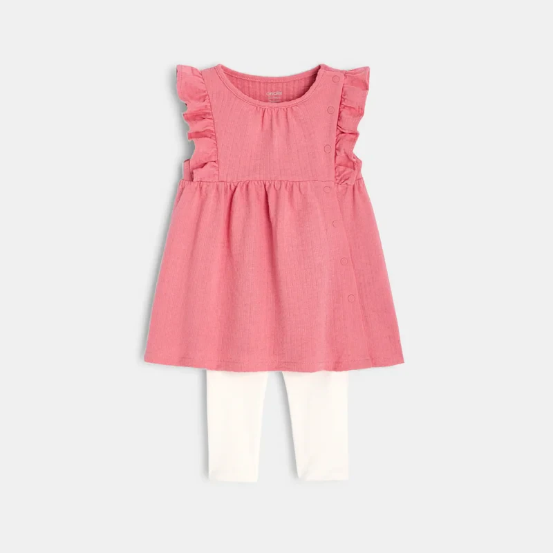 Robe effet pointelle et legging rose naissance Rose