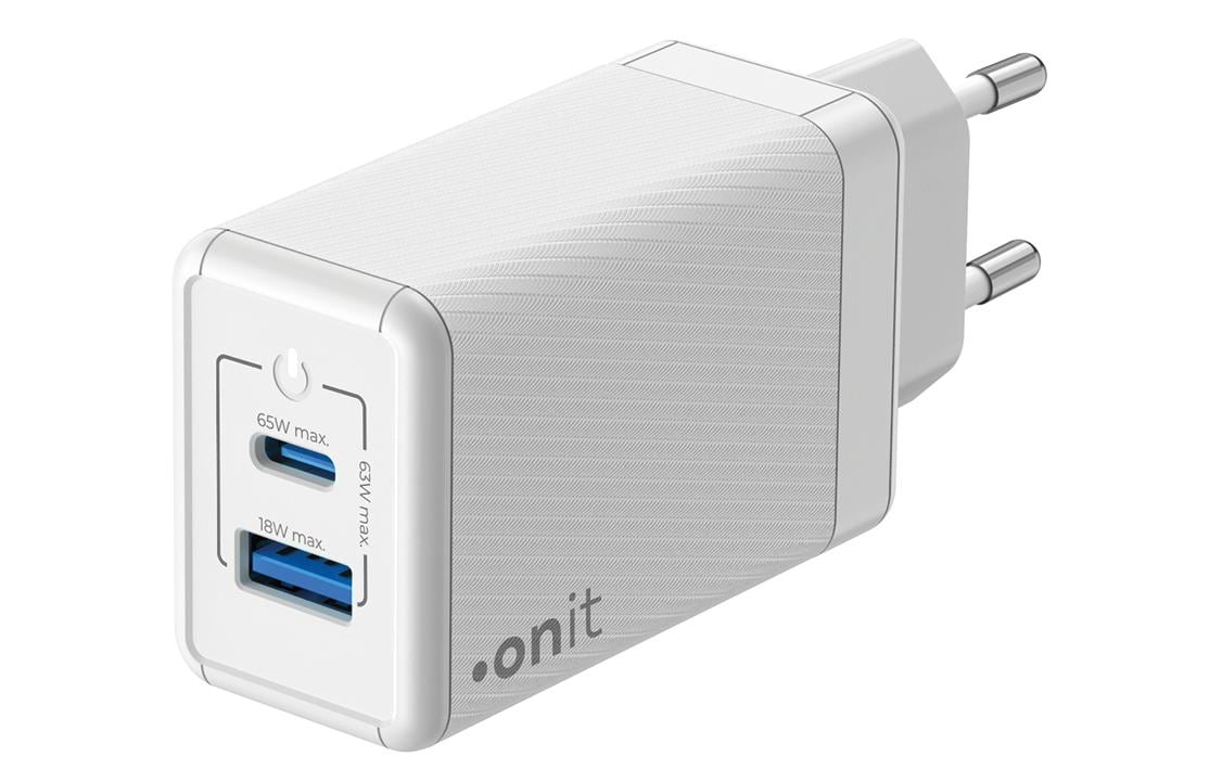 USB-Wandladegerät Dual QC4+ 65 W GaN WeissLadeadapter mit einem USB-C- und einem USB-A-Port