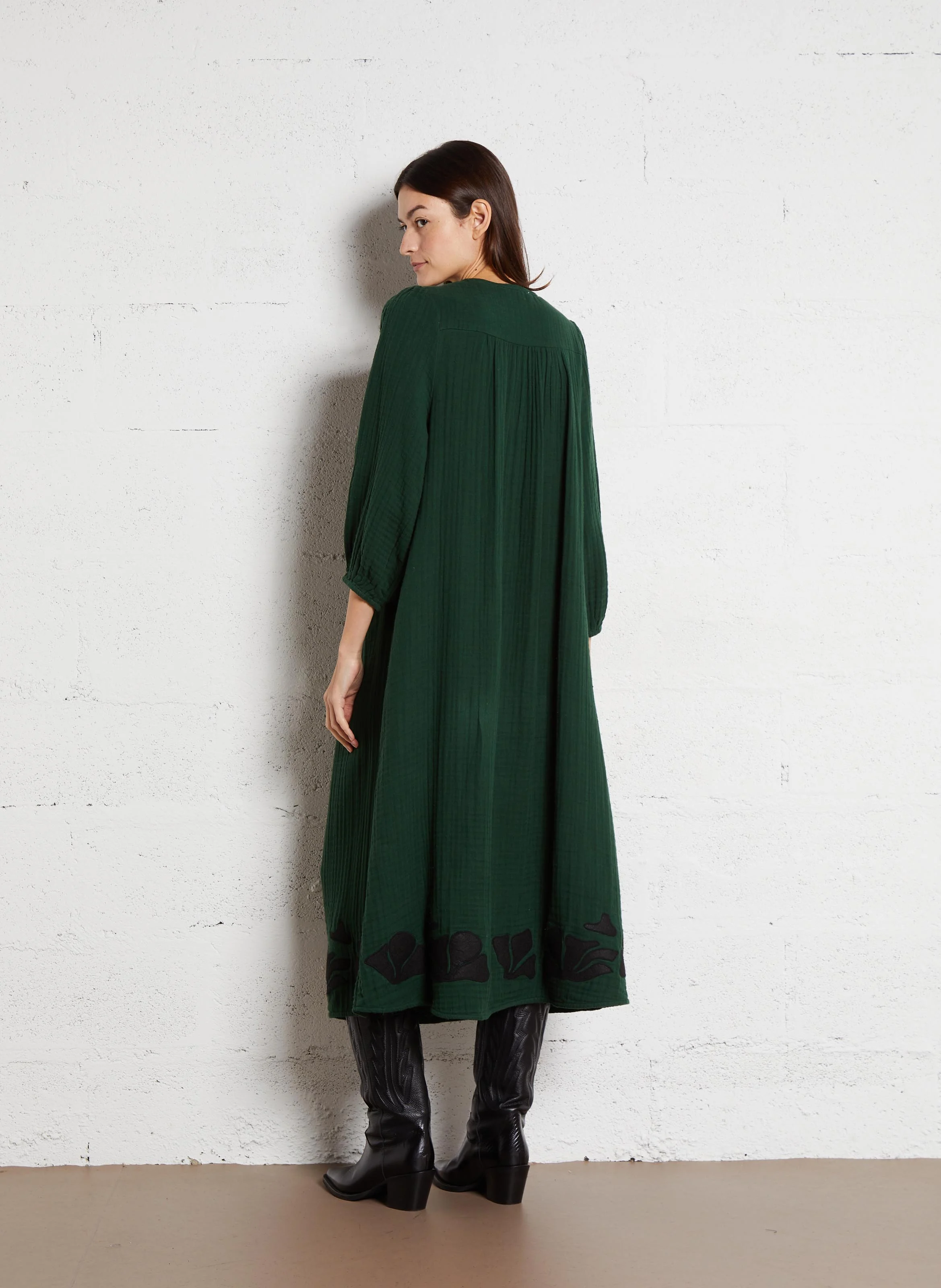 ROMAINE - Robe longue col V en coton | Vert