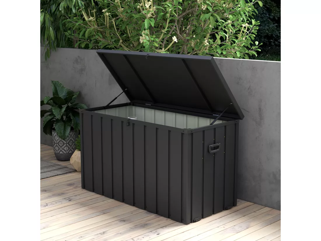 Coffre de rangement jardin capacité 450L - vérin à gaz, roulettes, poignée - acier PP anthracite