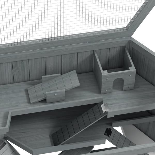 3-lags gnagerbur, sekskantet smådyrbur, smådyrhus laget av tre, musebur, hamsterbur med sammenleggbart lokk, utsiktsvindu, rampe, 115 x 60 x 55 cm grå
