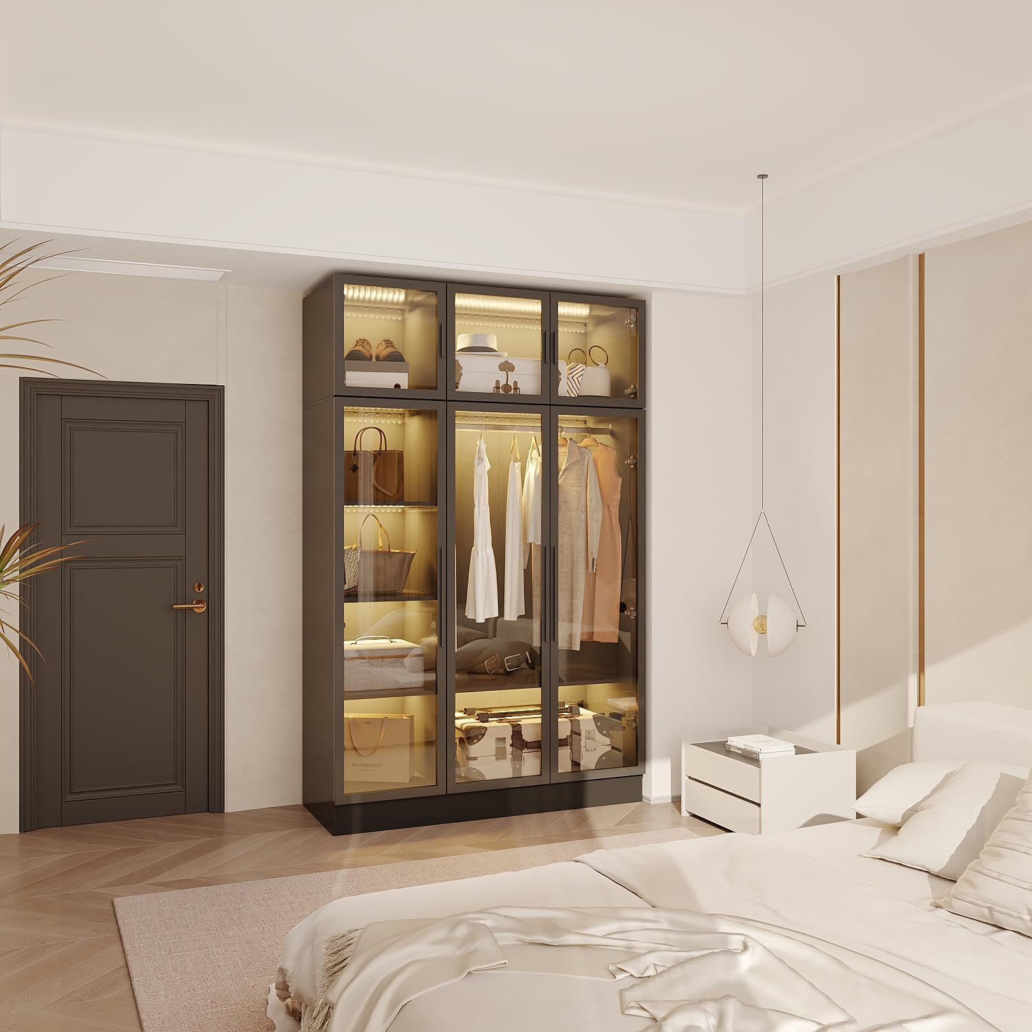 Caldion Kleiderschrank mit 3 LED-Beleuchtung, Glasschrank mit Kleiderstange, Aufbewahrungsschrank aus Hartglas, Glasvitrine mit 6 Türen, 8 Ablagen, Türrahmen aus Eisen, Schwarz, 120x48x190cm