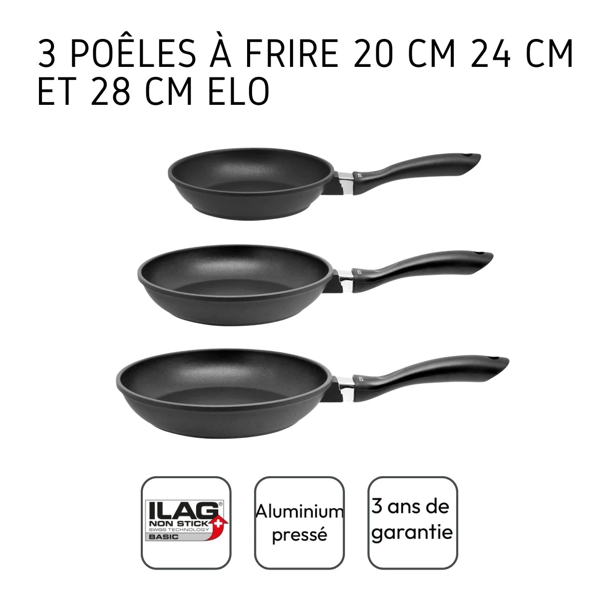 Set de 3 poêles à frire de 20 cm 24 cm et 28 cm en fonte d'aluminium A