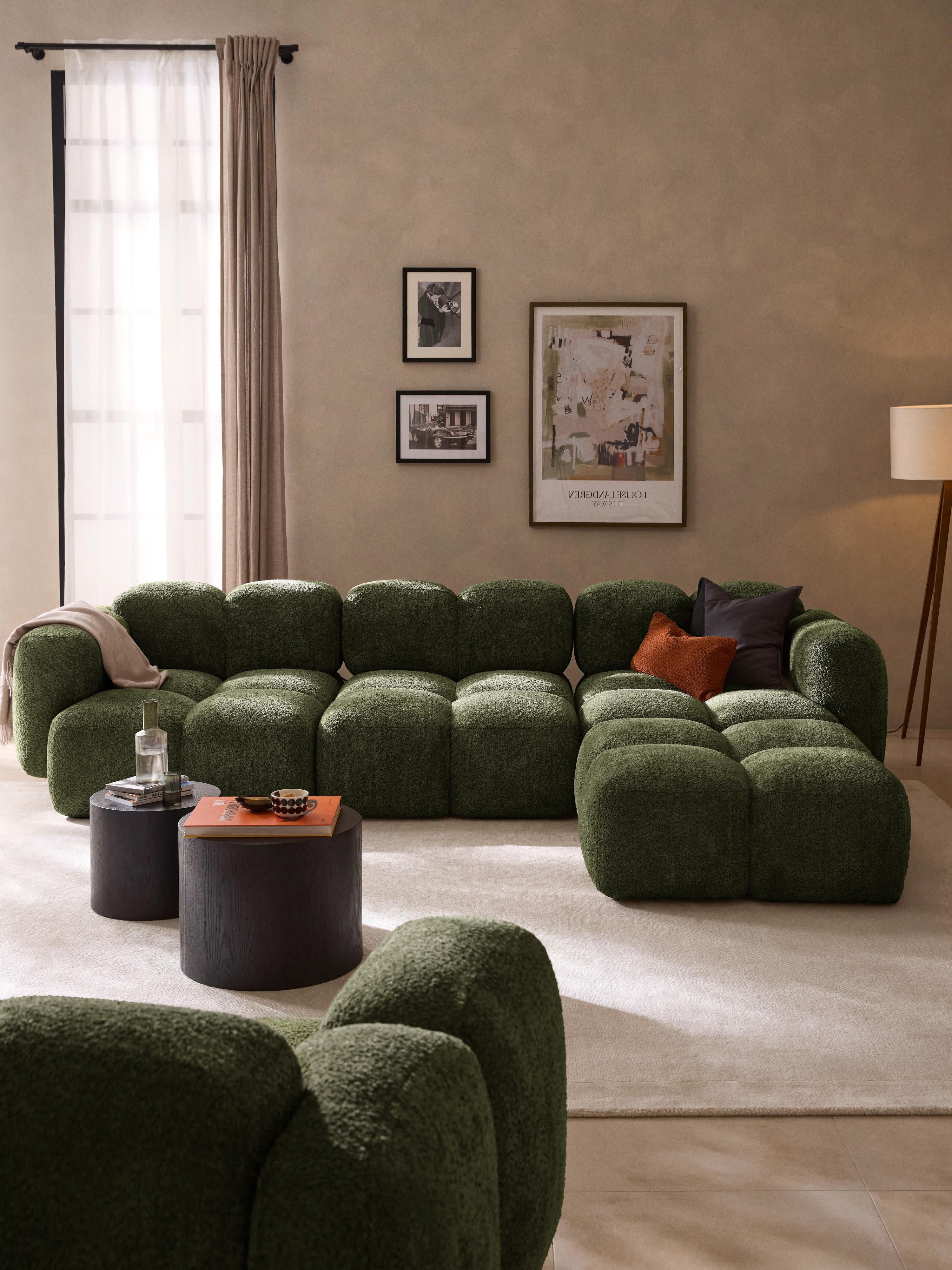 Modulaire bank Tayla (4-zits) van teddy bouclé met poef (links/rechts)