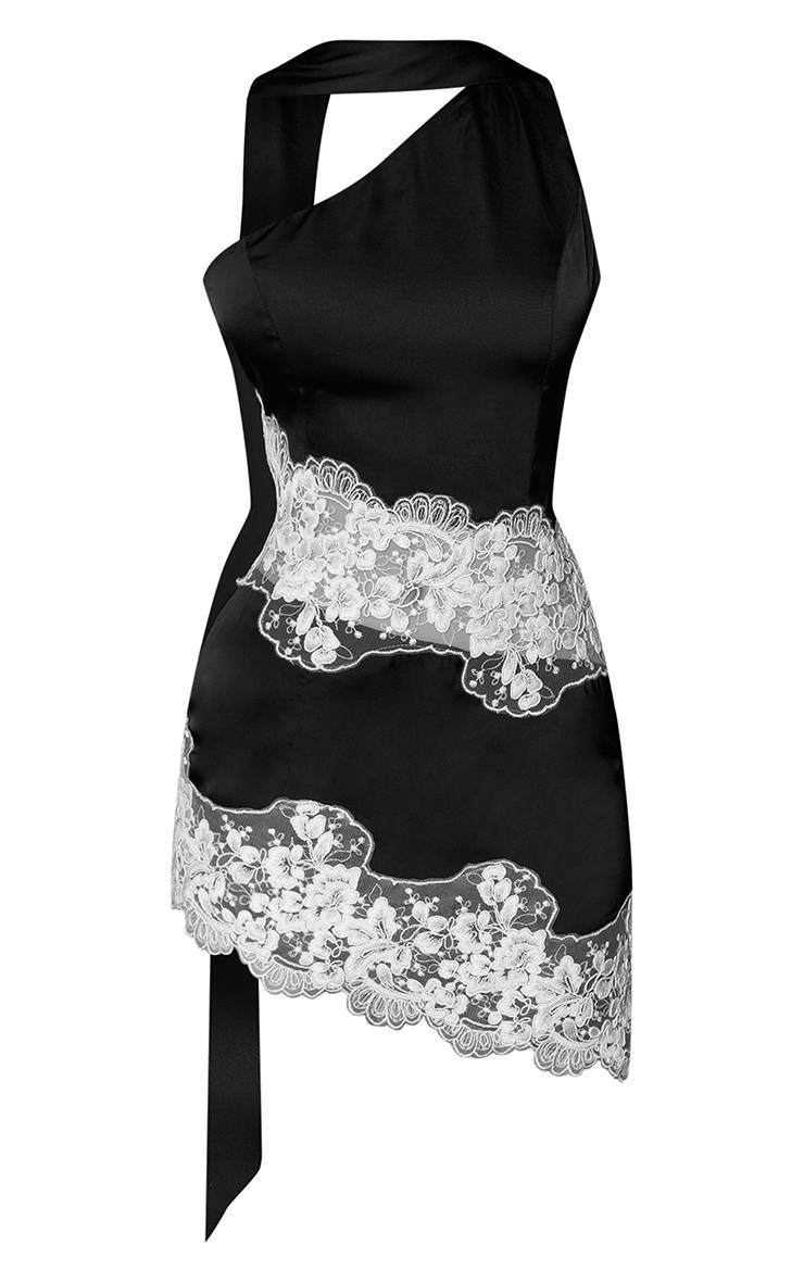 Noir Robe Mini Asymétrique En Satin Avec Dentelle Contrastée
