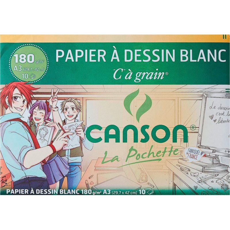 Pochette de 10 feuilles de papier dessin blanc A3 Canson à grain180 g