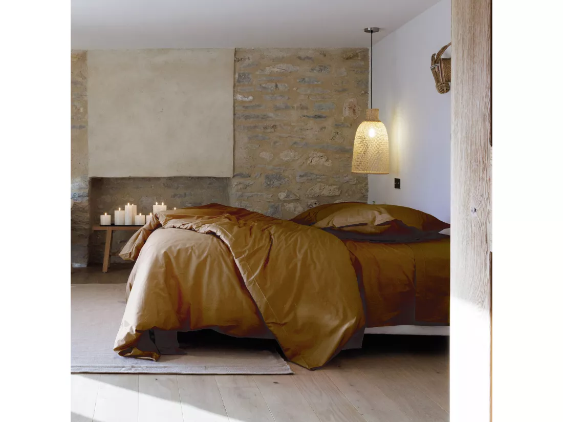 Drap plat pour lit 270x300 cm percale de coton MANOIR marron Cognac