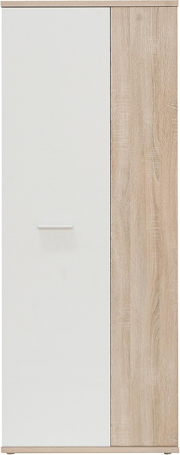 FORTE NET106 Schrank 70 180, Mehrzweckschrank klein, Staubsaugerschrank, Abstellraum, 2-türig mit Einlegeböden, Weiß mit Holzdekor: Sonoma Eiche, 69 cm breit x 179 cm hoch x 35 cm tief