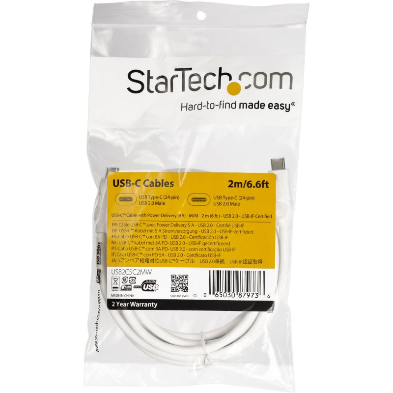 StarTech.com Câble de Charge Rapide USB-C de 2m, Charge et Synchronisation, 100W (5A) PD, USB 2.0, Certifié USB-IF - Cordon de Charge USB C Blanc