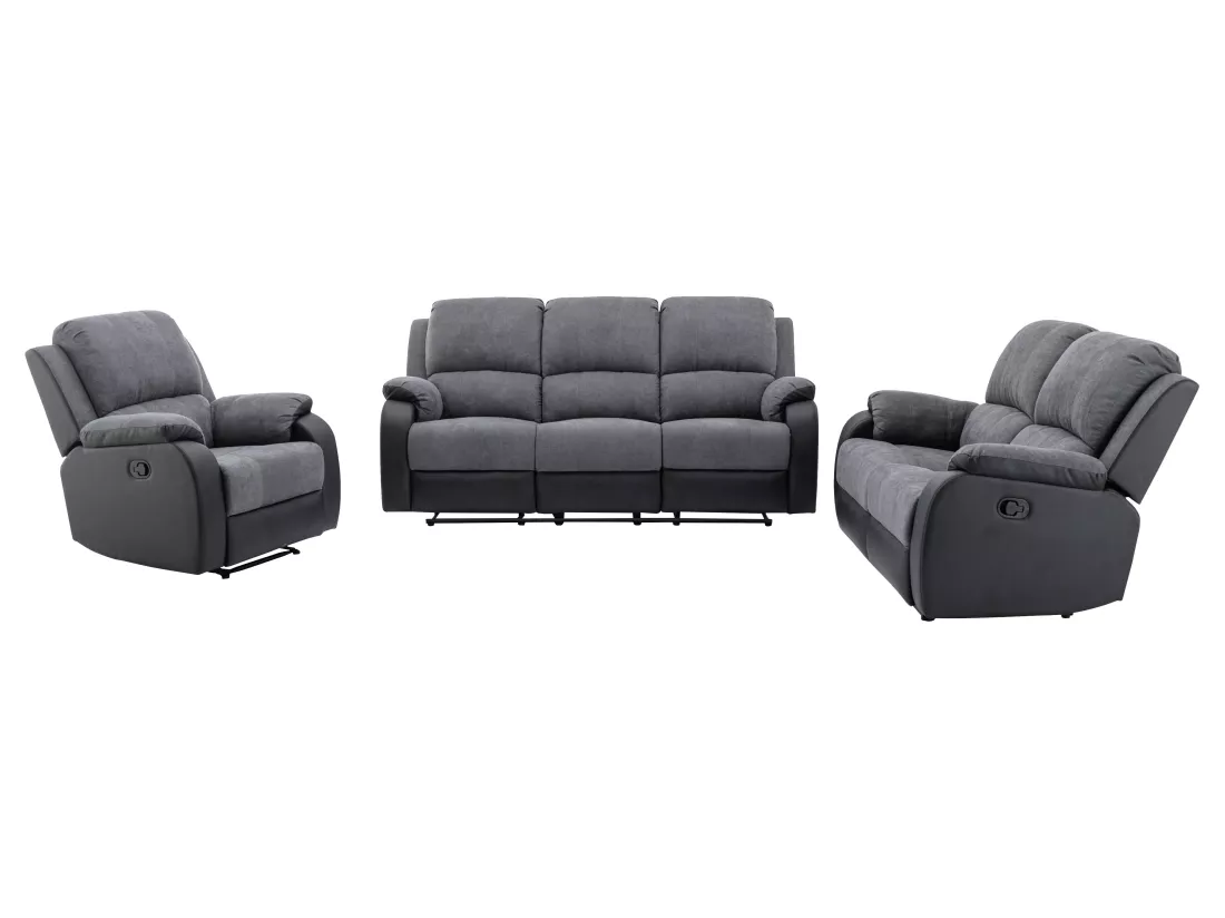 Canapés 3 places 2 places et un fauteuil relax en microfibre et simili gris et noir BRODY