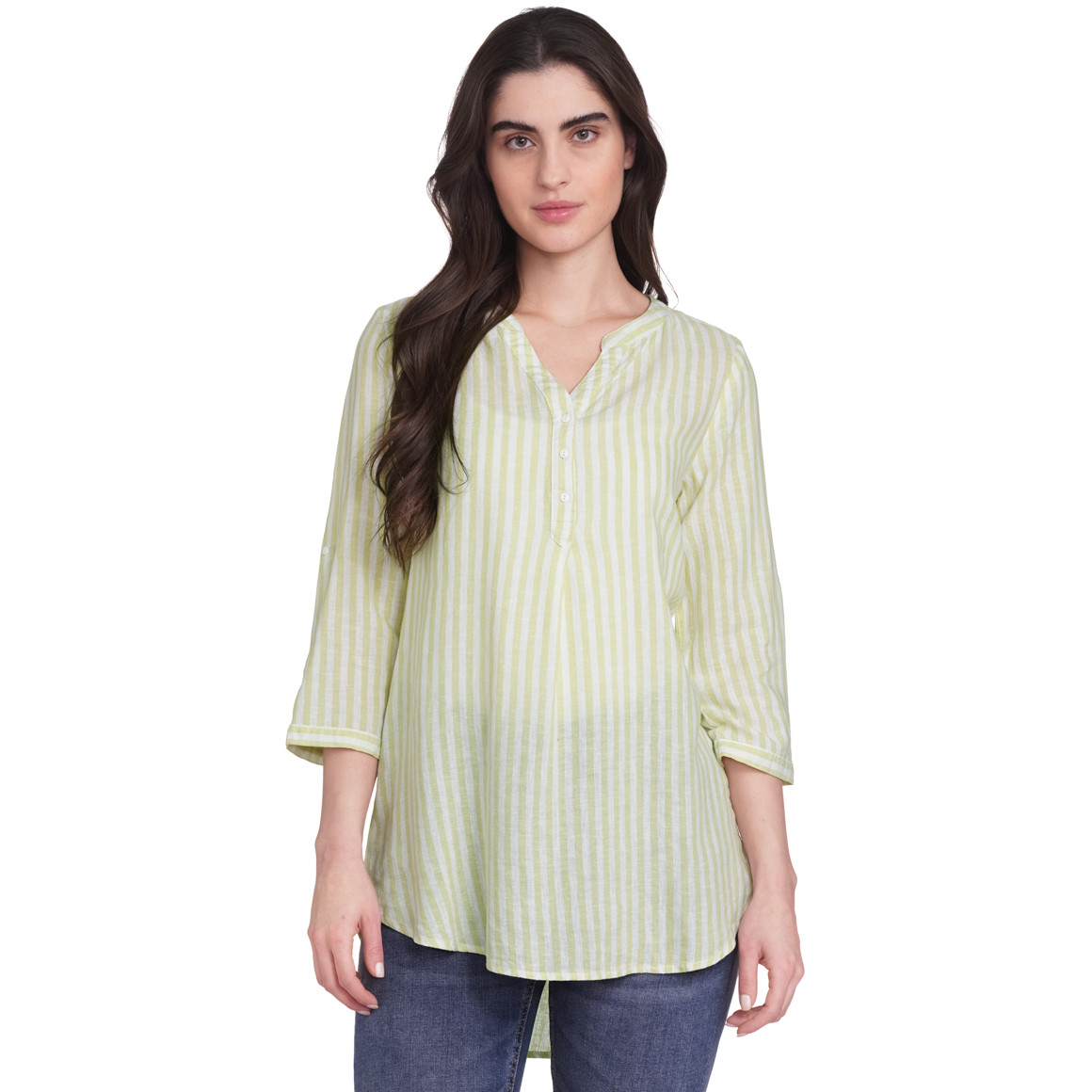 Gina Damen Leinen-Bluse mit Streifen hellgrün / weiss