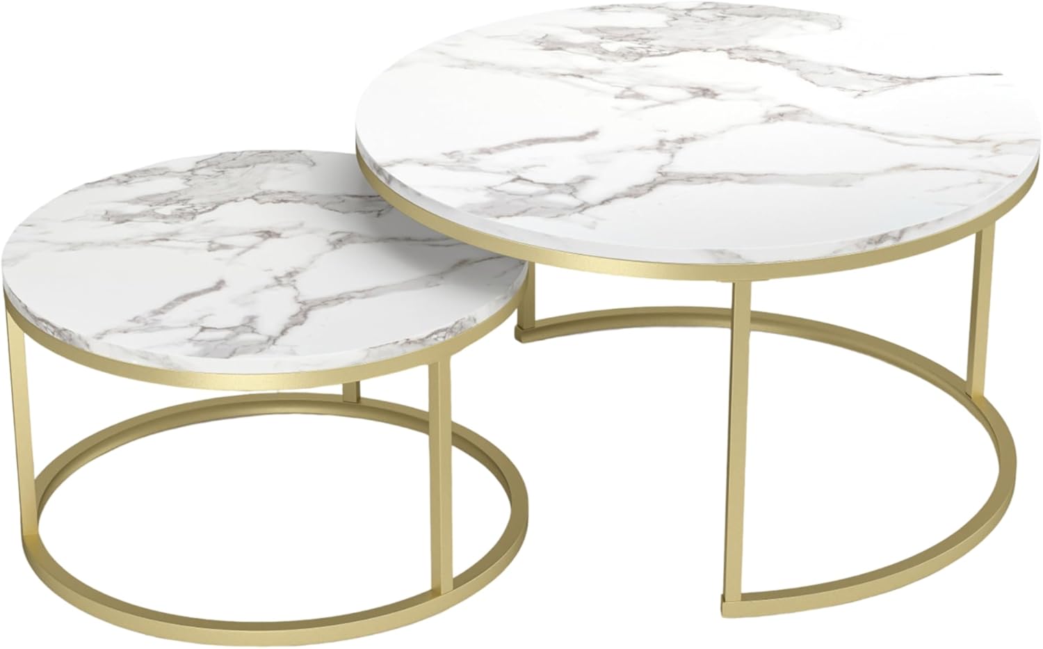 Couchtisch 2er Set, Marmor Couchtisch Gold, Wohnzimmertisch Weiß, Couchtische Rund, Tisch Wohnzimmer Modern,80 x 80 cm & 60 x 60 cm